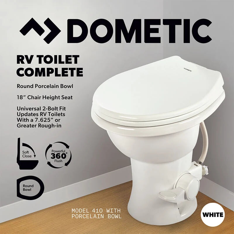 Dometic Model 410 Complete RV Toilet – Standard Height Porcelain Bowl (White)