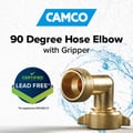 Camco 90-Degree Hose Elbow For RVs — Solid Brass Construction— Certified Lead-Free — Features Convenient Easy Grip Connector — For RV Water Hoses, Residential Outdoor Faucets, & More